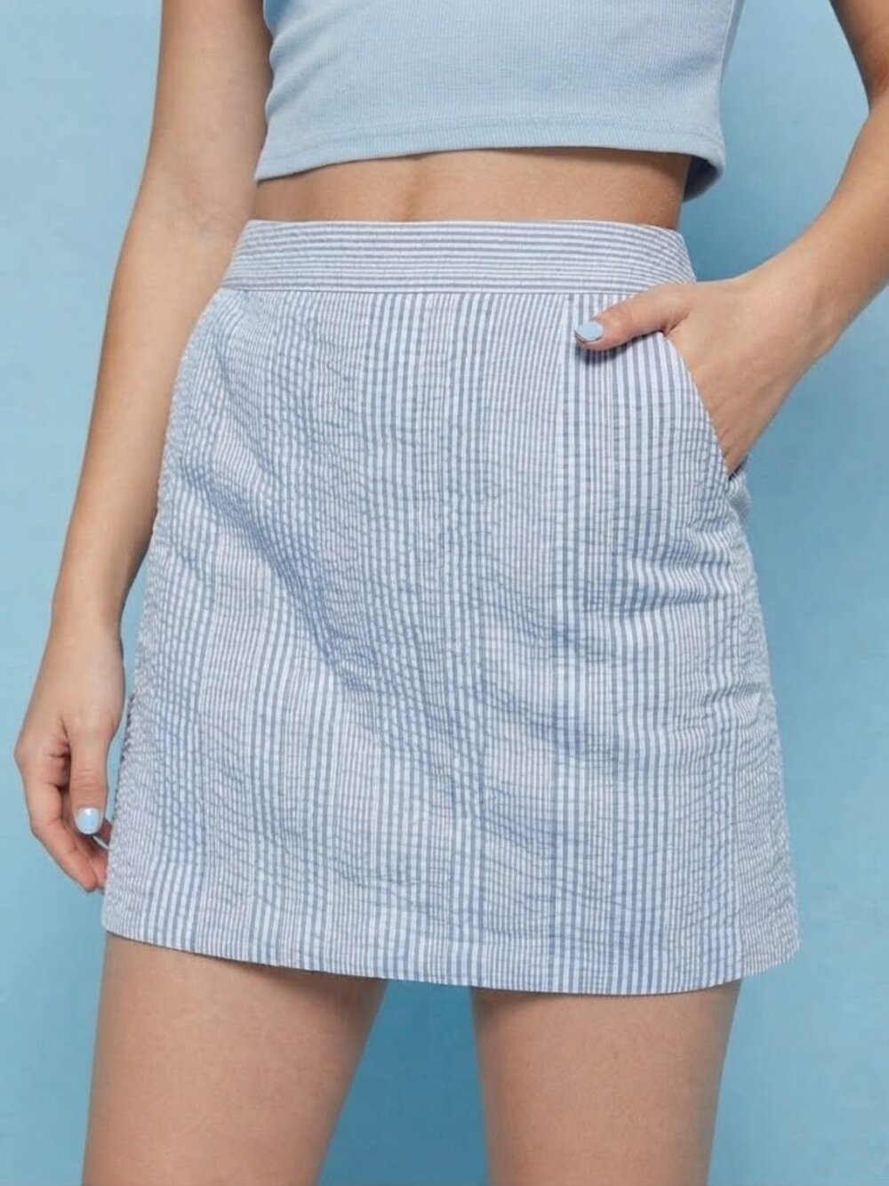 🍂 Blue and White Striped Linen Blend Mini Skirt with Pockets